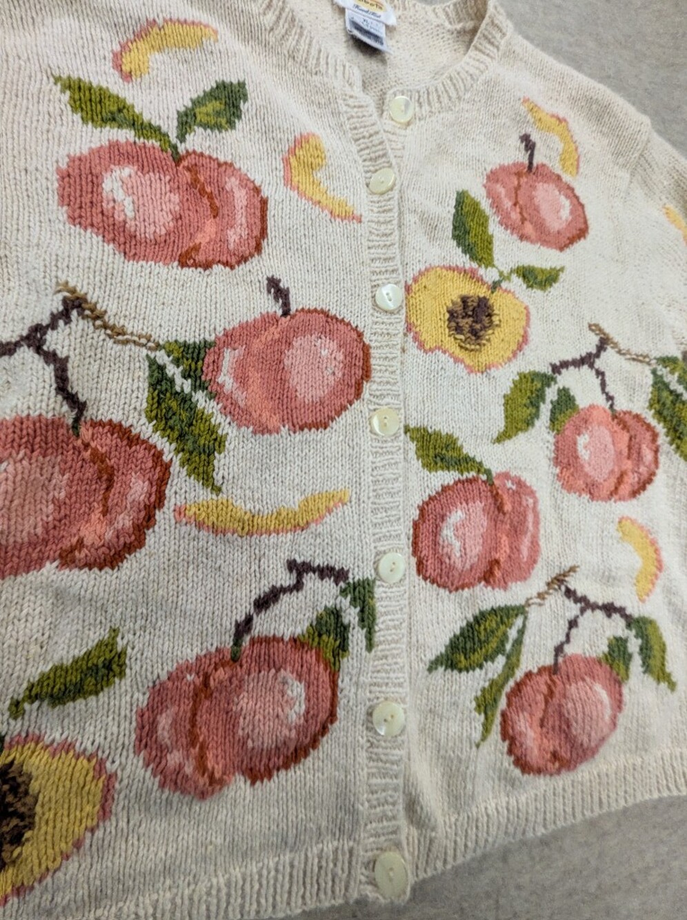 Vintage Fruit Peaches Knit Cardigan Linen Talbots Jacquard Cotton Rare Unique XL - Picture 3 of 12